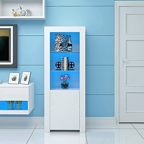 Image of Panana High Gloss Tall Display Cabinet Wood Cupboard Sideboard Free Standing Storage Unit with Glass Shelves Door Blue LED Lights Living Room (White)