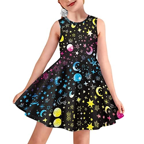 Image of DISNIMO Moon Star Princess Dress for Girls Size 11 12 Casual Playwear Dress Toddler Kids Sleeveless Summer Sundress Beach Clothes A-Line Swing Dress Twirly Skater Midi Dress for School Party