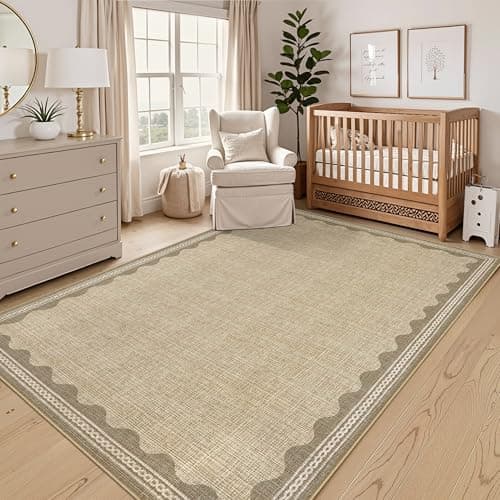 Image of Modern Area Rugs Living Room 120x170cm Washable Kitchen Rug Non Slip, Low Pile Stain Resistant Scalloped Indoor Carpet, Foldable Sofa Throw for Dining Room, Office, Linen