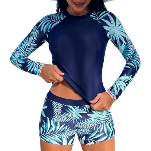 Image of Women's Long Sleeve Rash Vest UPF 50+ UV Protection 2 Piece Swimsuit with Colour Block & Removable Pads - Breathable Swim Shorts Set for Surfing Beach Holiday Blue Size M