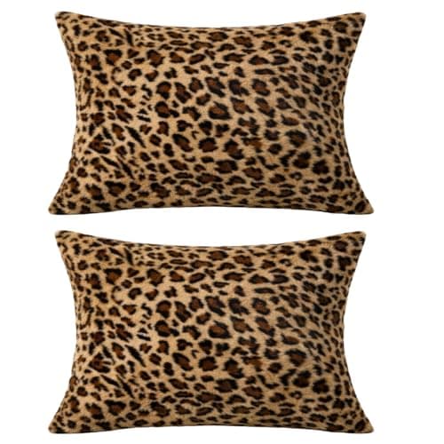 Image of KxrTpx Leopard Print Cushion Covers, Set of Two Decorative Pillows for Bed, Double-Sided Plush 30x50 cm Leopard Print Decor, Leopard Cushion Covers