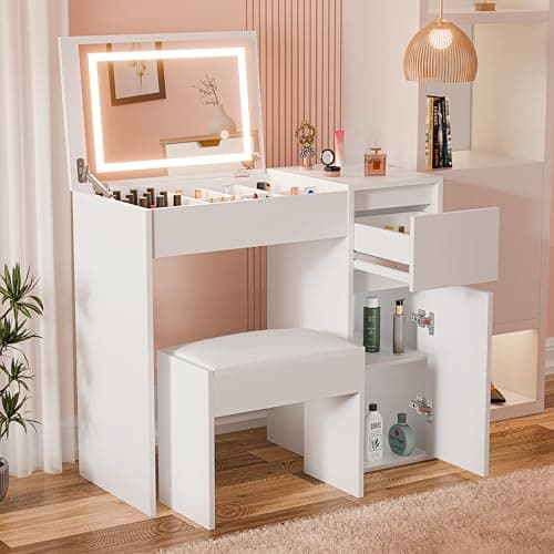 Image of Blisswood Dressing Table with Flip-Up Mirror and Led lights, Vanity Makeup Desk with Hidden Storage, Convertible Writing or Office Table, Make up Bedroom Dresser for Girls Room, White