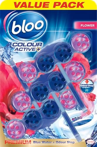 Image of Bloo Colour Active Toilet Rim Block Fresh Flowers with Anti-Limescale, Cleaning Foam, Dirt Protection and Extra Freshness with Bloo Odour-Stop Technology, Pack of 3 Rimblocks