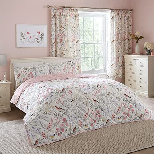 Image of Dreams & Drapes - Pink Floral & Bird Reversible Bedspread - 230cm X 200cm - 2 Designs - Botanical Prints & Spring Birds
