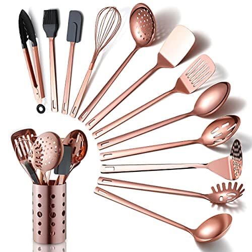 Image of Copper Kitchen Utensils Set,13 Pieces Stainless Steel Cooking Utensils Set With Titanium Rose Gold Plating,Kitchen Tools Set With Utensil Holder For Non-Stick Cookware Dishwasher Safe (13 Packs)