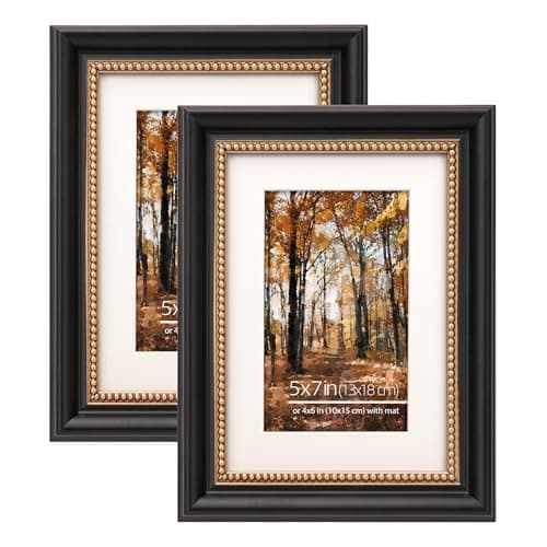 Image of Eitida Ornate Black Wooden Vintage Picture Frames, 5x7 inches, Gold Beaded Inner Border, Wall Mount/Table Top, Mat for 4x6 Photos, Set of 2