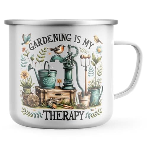 Image of Purple Print House Gardening Is My Therapy Womens Enamel Mug Ladies Gardener Tea Coffee Metal Cup Garden