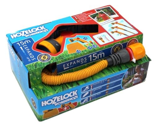 Image of HOZELOCK - Wonderhoze Expanding Hose 15m : Flexible Hose, Stretches up to 3x Original Length | With 2 Aquastop Fittings and Multispray Gun: Ready to Use