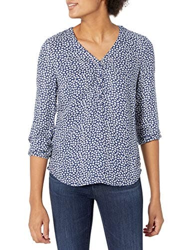 Image of Amazon Essentials Women's 3/4 Sleeve Button Pop-over Shirt, Loose-Fit V-Neck Blouse, Navy White Petals, S