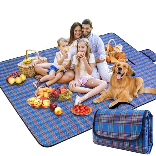 Image of SOMIYAMI Tartan Picnic Blanket Waterproof, Garden Outdoor Camping Blanket, Beach Picnic Mat With Carrying Handle, Washable Multipurpose 150 x 200cm 150 x 200cm (Blue)