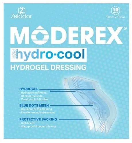 Image of Moderex Hydrocool Hydrogel Dressing Sheet for Burns, necrotic Wounds for Instant Cooling Relief for Minor Burns and Wounds, Non Adherent waterbased hydrogel (15x10cm x 10)