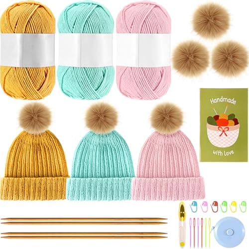 Image of Maasechs Knitting Kit for Beginners Adults Complete Hat Knitting Kits Learn to Knit Kits with Yarn, Bamboo Needles, Pom Pom, Step-by-Step Instructions, Knit Accessories for Women Men Gifts (Bright)