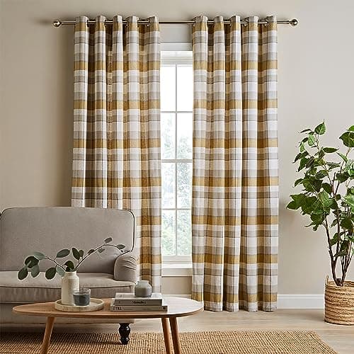 Image of Catherine Lansfield Brushed Cotton Thermal Check 66x72 Inch Lined Eyelet Curtains Two Panels Ochre Yellow