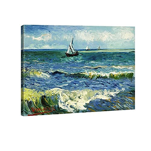 Image of Wieco Art - Seascape at Saintes Maries by Vincent Van Gogh Oil Paintings Reproduction Modern Wrapped Giclee Canvas Prints Sea Pictures on Canvas Wall Art for Living Room Home Office Decorations