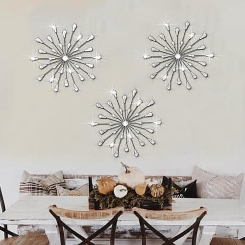 Image of ZEXUIRU 3 Set Black Metal Jeweled Wall Art Bling Crystal Home Décor Rhinestone Sun Star Wall Hanging Diamond Accents 13.5 * 13.5inch