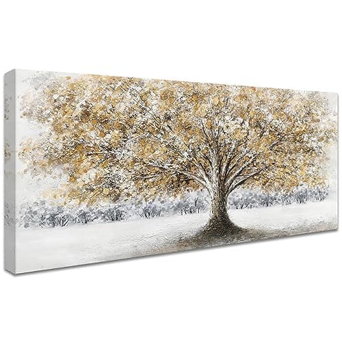 Image of Autumn Tree Wooden Framed Canvas Wall Art Gray Brown Abstract Painting on Canvas Prints Poster Wall Painting Pictures for Living Room Bedroom Restaurant Home Office Wall Decoration 50x120cm