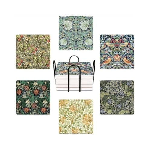 Image of WWOOPLL William Morris Drink Coasters Set of 6, Vintage Botanical Floral Garden Absorbent Square Ceramic Stone Mat Coaster, with Cork Base and Metal Holder, Anti-Slip Cork Bottom for Mugs and Glasses