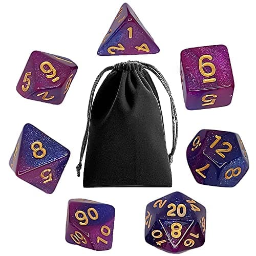 Image of Polyhedral RPG Dice Set, 7PCS Polyhedral Double-Color Dice, DND Dice Set with Black Dice Bag for Dragons and Dungeons MTG (Starry Purple Blue)