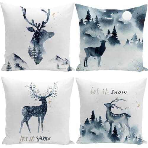 Image of KUNQIAN Christmas Cushion Covers Xmas Decorations Stag Navy Blue White Throw Pillow Cover 18x18 Inch Set of 4 Decor For Sofa Living Room Home 45x45cm