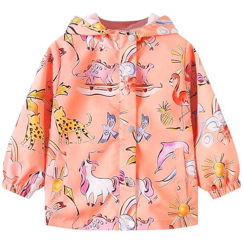 Image of JinBei Girls Waterproof Jacket Kids Pink Animal Pattern Rain Coat Lightweight Outdoor Windproof Coat Warm Raincoat with Hood Soft Lining Long Sleeve Zipper Outwear Age 4-5 Years