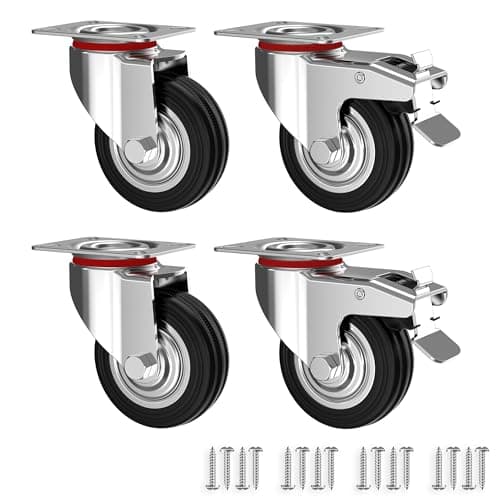 Image of RAVN HAMAN Set of 4 Heavy Duty Castor Wheels 75 mm - Swivel casters with brake up to 50 kg per wheel - Solid rubber Industrial Castors for indoor and outdoor use - Trolley Furniture Castors