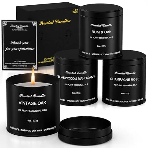 Image of 4-Pack Scented Candles for Men | Vintage Oak, Teakwood & Mahogany, Rum & Oak, Champagne Rose | Soy Wax Blend | Ideal for Man Cave, Office – Birthday Gift for Hi (31 oz)