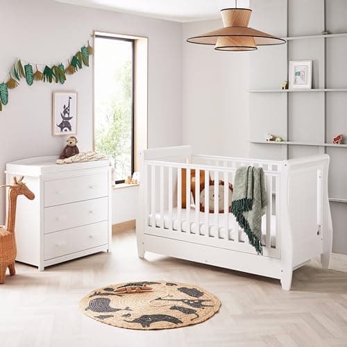 Image of Babymore Stella 2 Piece Nursery Room Set White - 1 Baby Cot Bed & 1 Chest Changer With 3 Double Handle Drawers, Wooden Chest Of Drawer Storage Cabinet | 2 Piece Stella Nursery Room Furniture White