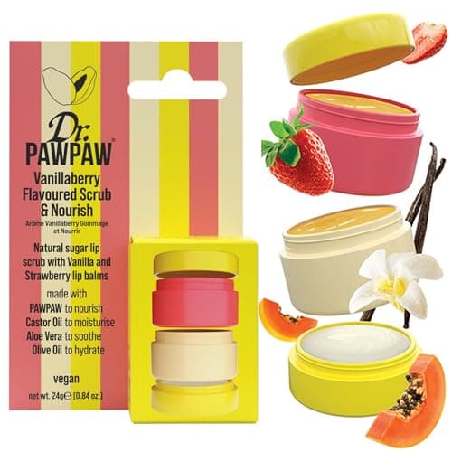 Image of Dr.PAWPAW Scrub and Nourish Vanillaberry Lip Care Collection 24g, Natural Sugar Lip Scrub with Vanilla and Strawberry Balms, Hydrating Exfoliating Lip Care in Stackable Pot