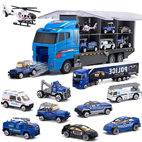 Image of SWUNXION Police Die-Cast Transport Truck(10 in 1), Mini Play Vehicle in Carrier Car Toy Set, Double Side Transport Vehicle Mini Cars for Kid Child Girl Boy Play Birthday Party Favors Christmas
