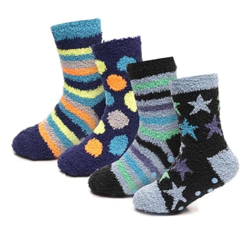 Image of OnlyBee 4 Pairs of Boys Kids Fluffy Thermal Socks with Non-Skid Slip Gripper Base Bed Sock Soft Fuzzy Cosy UK (UK, Age, 2 Years, 3 Years, Regular, Multicolour)
