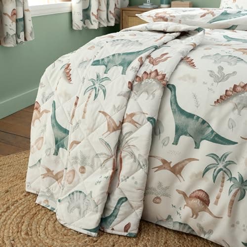 Image of Happy Linen Company Girls Boys Kids Scandi Saurus Dinosaur Ivory 150 x 200 cm Reversible Quilted Throwover