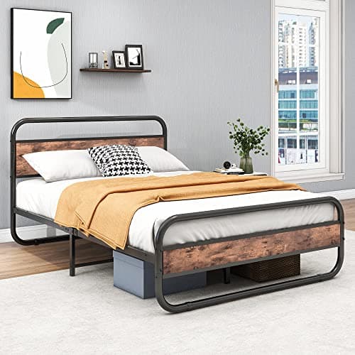 Image of Double Bed Frame with Headboard,Oval-Shaped Platform Bed Frame Double Size with Under-Bed Storage,Steel Slats Mattress Foundation Round Pipe Design,Brown