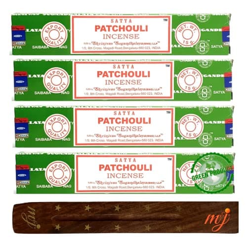 Image of Original Satya Nag Champa Patchouli Incense Sticks | with M&J incense sticks holder | x4 pack | for Aromatherapy, Spa, Yoga, Weddings, Meditation, Healing, Positivity and Relaxation
