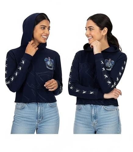 Image of Harry Potter Licensed Girls & Women’s Cropped Hoodie | Hogwarts House Crests | Premium Embroidery & Sleeve Tape | 4 Colors | Sizes XS–XL (UK, Alpha, S, Regular, Regular, Navy-Ravenclaw)