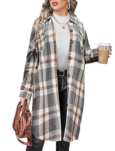 Image of Jhsnjnr Womens Shacket Long Plaid Wool Coats Fashion Button Up Long Sleeve Flannel Shirts Jackets