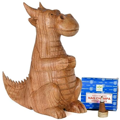 Image of Hand Carved Wooden Dragon Incense Cone Burner with 12 Nag Champa Insense Cones - Smoking Dragon from Nostrils