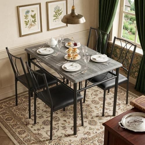 Image of GarveeMore Dining Table and Chairs Set of 4, Space Saving Rectangular Kitchen Table with Upholstered Seats, 4 Seater Modern Metal Stowaway Dining Room Furniture for Flats & Diners, Grey