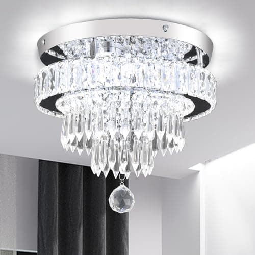 Image of YPQXYHDA 11.8" Modern Crystal Chandeliers Flush Mount Round Chandelier LED Ceiling Lights for Bedroom Living Room Dining Room,Kitchen Hallway Cool White