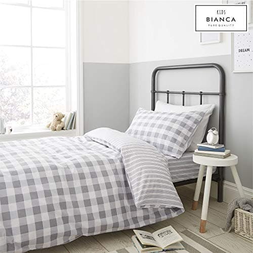 Image of Bianca Check And Stripe Cotton Double Duvet Cover Set with Pillowcases Grey