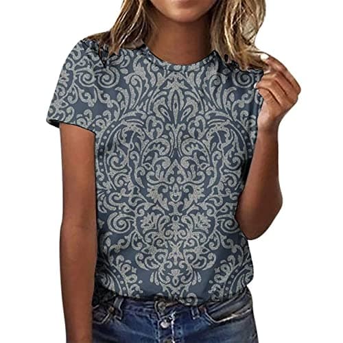 Image of HSUAYEUD Women's T Shirts Summer Tops for Women UK Casual Print Short Sleeve Tops Crew Neck Blouse and Shirts Loose Fit Women T-Shirts Gray 5XL