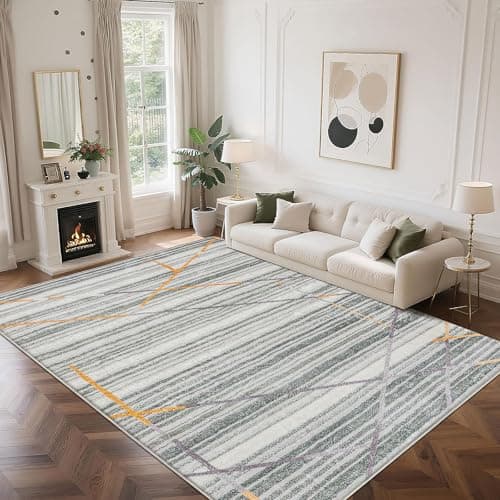 Image of Leesentec Rugs Living Room Bedroom Rug Modern Short Pile Rugs Bohemian Carpet Abstract Geometric Straight Line Pattern Carpets Non-slip Large Rug (Grey/Striped Multi, 200 x 300 cm)