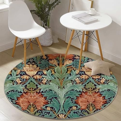 Image of Soft Round Area Rug 120 x 120 cm, William Morris Leaf Flower Pattern Fade Resistant Washable Circle Rug, Green Non Slip Stain Resistant Short Pile Floor Mats for Bedroom Dining Room