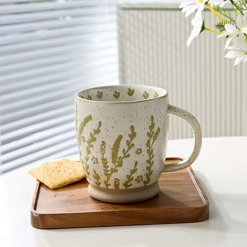 Image of MACHUMA Vintage Stoneware Relief Design Mug, 500ml Large Ceramic Cup for Coffee, Tea, Breakfast, Retro Kitchen Home Decor and Festival Gift (Seaweed)