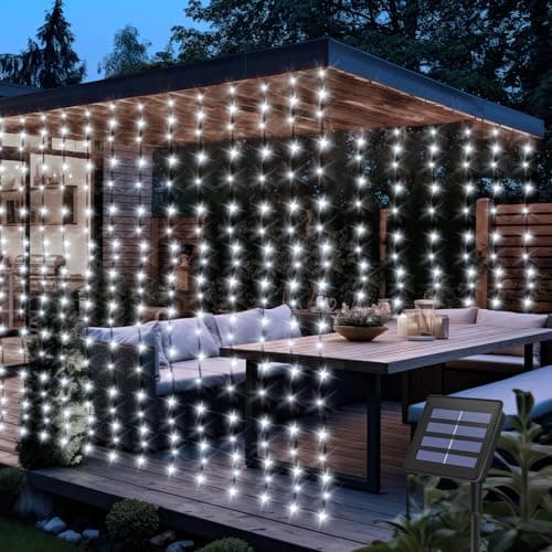 Image of CCILAND Solar Powered Curtain Lights, 2M x 2M 200 LED Curtain Lights 8 Modes Waterproof Green Wire Fairy String Lights for Patio Wedding Home Garden Window Decoration - Cool White