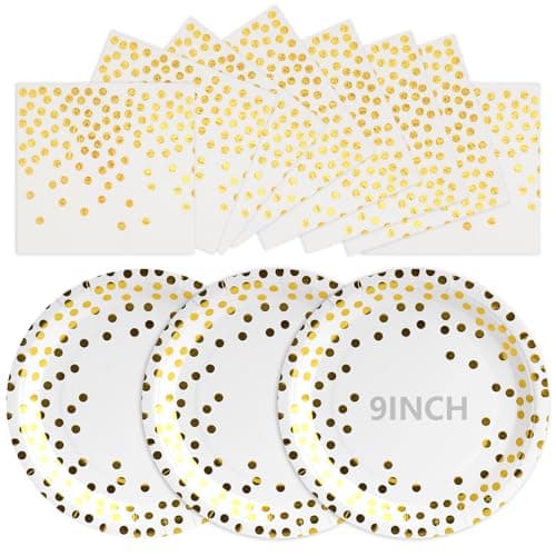 Image of 50Pcs White and Gold Paper Plates, Disposable Party Plates and Napkins, 9 Inch Strong Paper Plate, Party Tableware Set for Birthday Bridal Shower Wedding Table Decorations