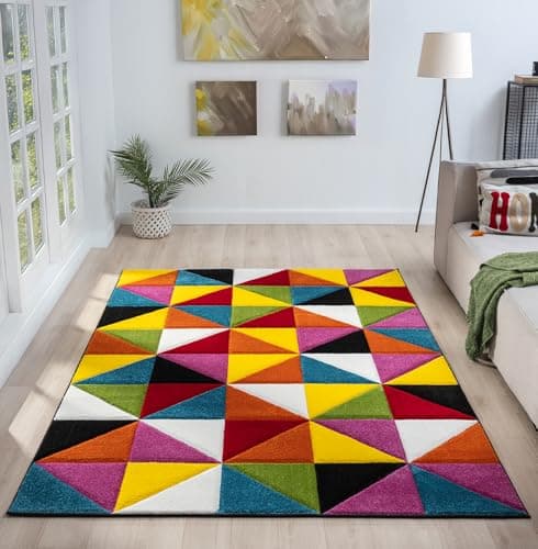 Image of Lord of Rugs Quality Handcarved Geometric Design Rainbow Bedroom Living Room Multi Coloured Rug Destin Multi Small 80x150 cm (2'6"x5')