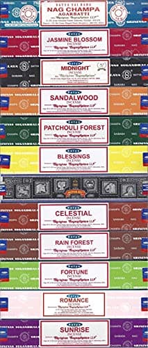 Image of Satya Nag Champa Sunrise Sandalwood Midnight Patchouli Celestial Fortune Blessings Romance Super Hit Jasmine Blossom Rain forest Premium Assorted Incense Sticks 15g x 12 Pack