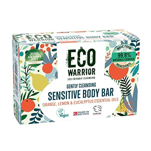 Image of Eco Warrior Sensitive Body Soap Bar | Vegan, Cruelty Free, Natural, eco friendly | No SLS or Parbens | Gently Cleansing With Green Clay & Orange, Lemon, Eucalyptus Essential Oils | Body Bar Soap, 100g