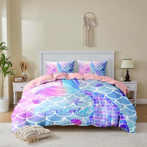 Image of MUSOLEI Mermaid Bedding Set Girls Double Colorful 3D Mermaid Tail Blue Duvet Cover Sets Pink Lovely Quilt Cover Soft with Pillwocase (Duvet cover set, Double)