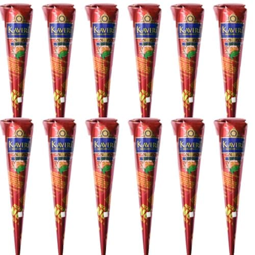 Image of 12 x Kaveri Mehendi Henna Cones – Dark Brown Henna for Hand Art, Henna Stencils, and Henna Freckles – Henna Cones for Henna Tattoo Kit - Natural Organic Temporary Tattoo - Box of 12 Individual Cones